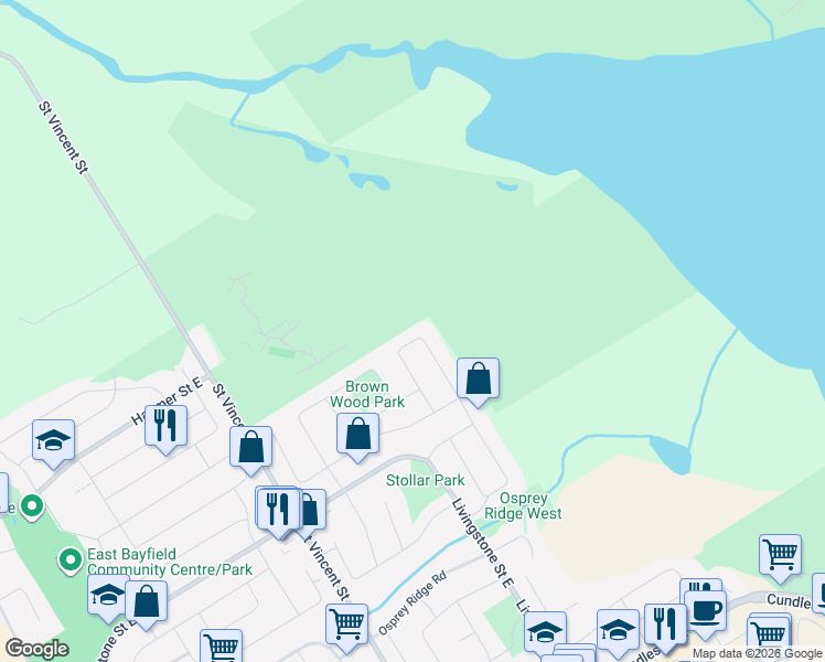 map of restaurants, bars, coffee shops, grocery stores, and more near 46 Crompton Drive in Barrie