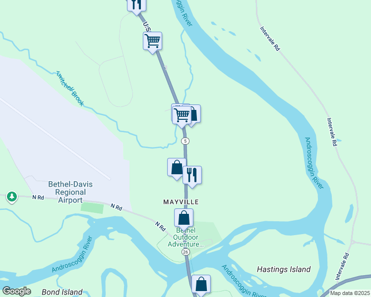 map of restaurants, bars, coffee shops, grocery stores, and more near Maine 5 in Bethel