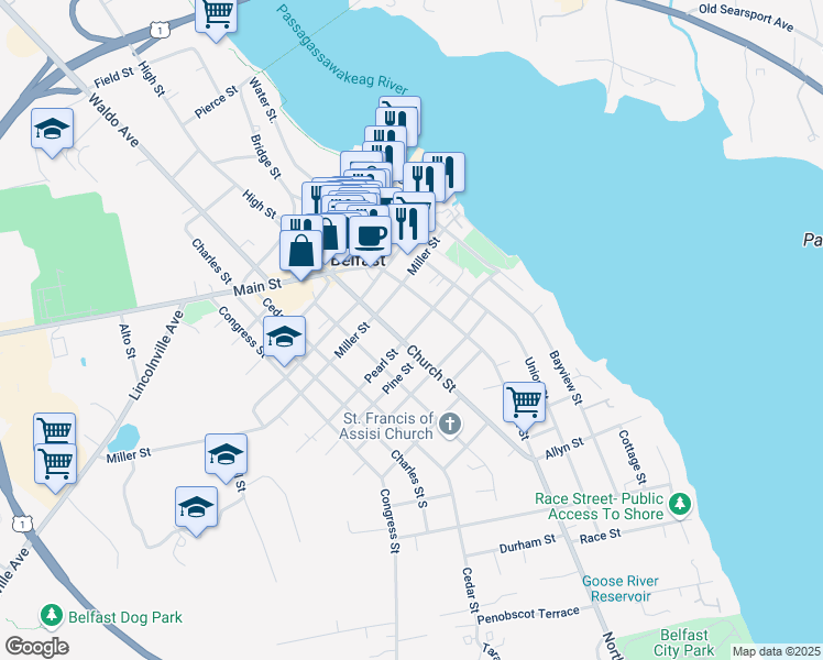 map of restaurants, bars, coffee shops, grocery stores, and more near 43 Pearl Street in Belfast