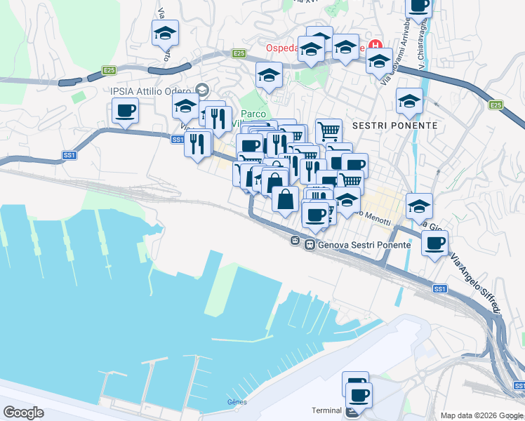 map of restaurants, bars, coffee shops, grocery stores, and more near Via Filippo Emanuele Bottino in Genova