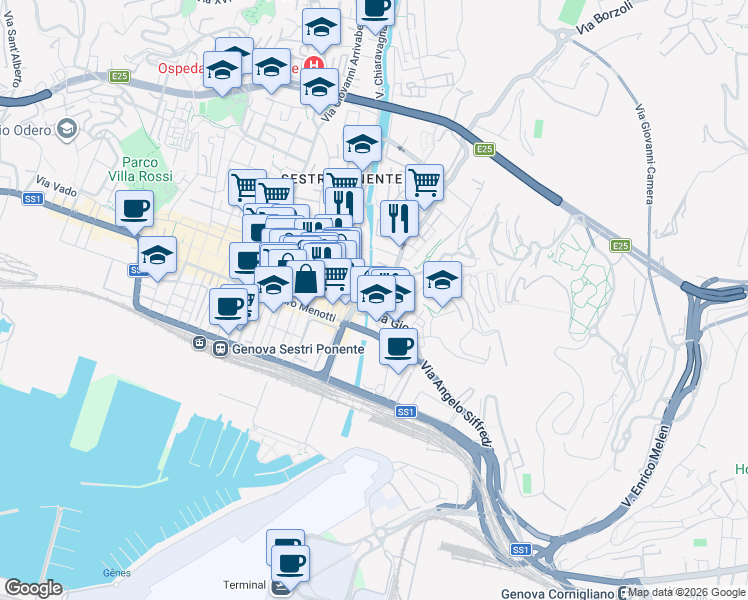 map of restaurants, bars, coffee shops, grocery stores, and more near 23 Via Chiaravagna in Genoa