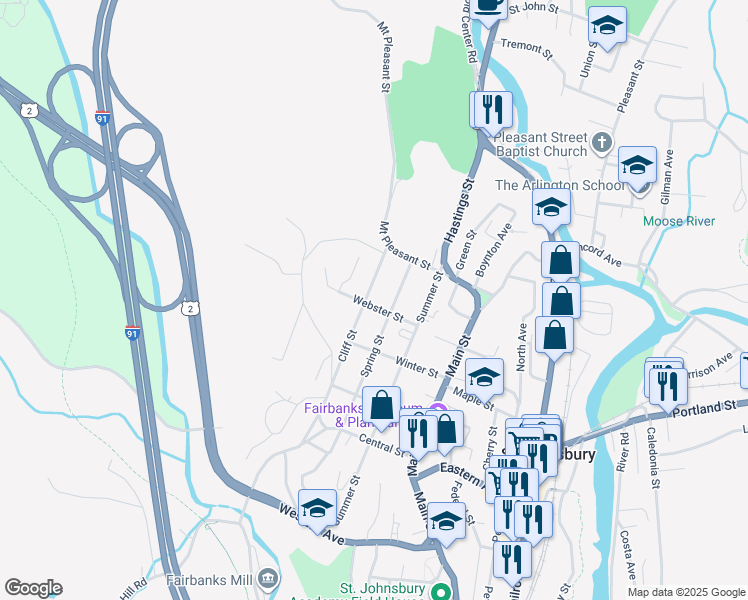 map of restaurants, bars, coffee shops, grocery stores, and more near 352 Cliff Street in Saint Johnsbury
