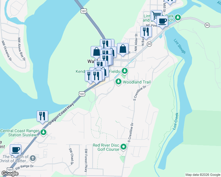 map of restaurants, bars, coffee shops, grocery stores, and more near Pacific View Drive in Waldport