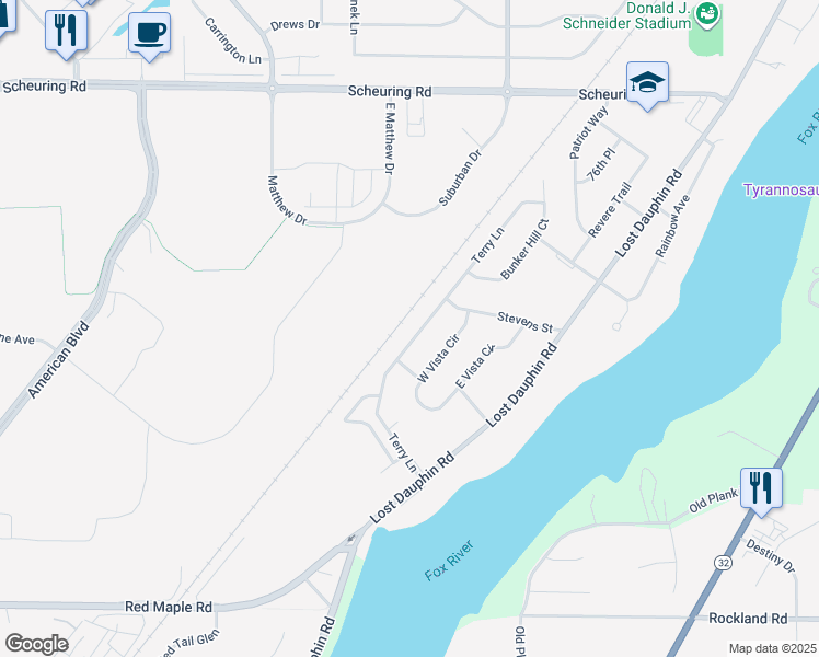 map of restaurants, bars, coffee shops, grocery stores, and more near 2058 Terry Ln in De Pere
