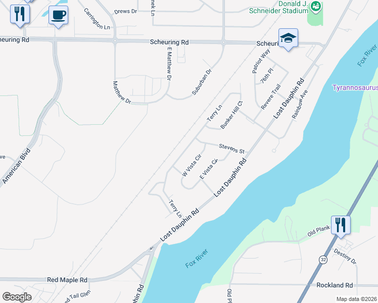 map of restaurants, bars, coffee shops, grocery stores, and more near 2051 Terry Lane in De Pere