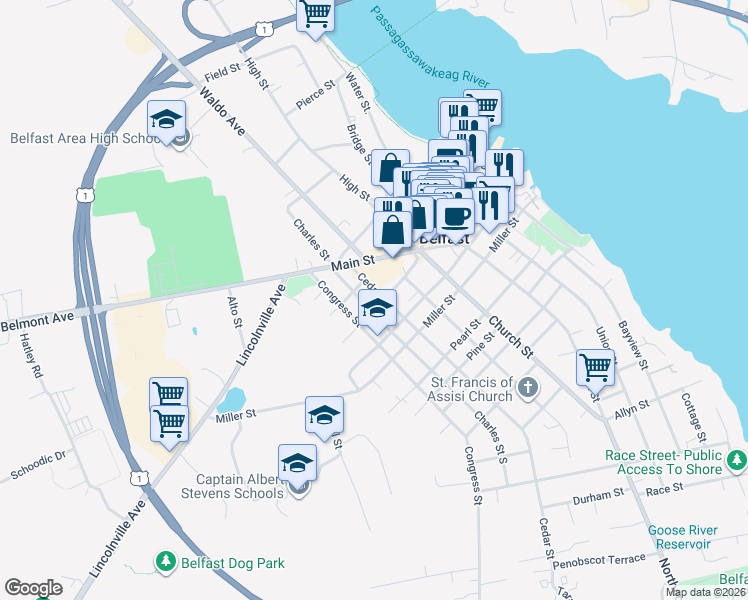 map of restaurants, bars, coffee shops, grocery stores, and more near 2 Franklin Street in Belfast