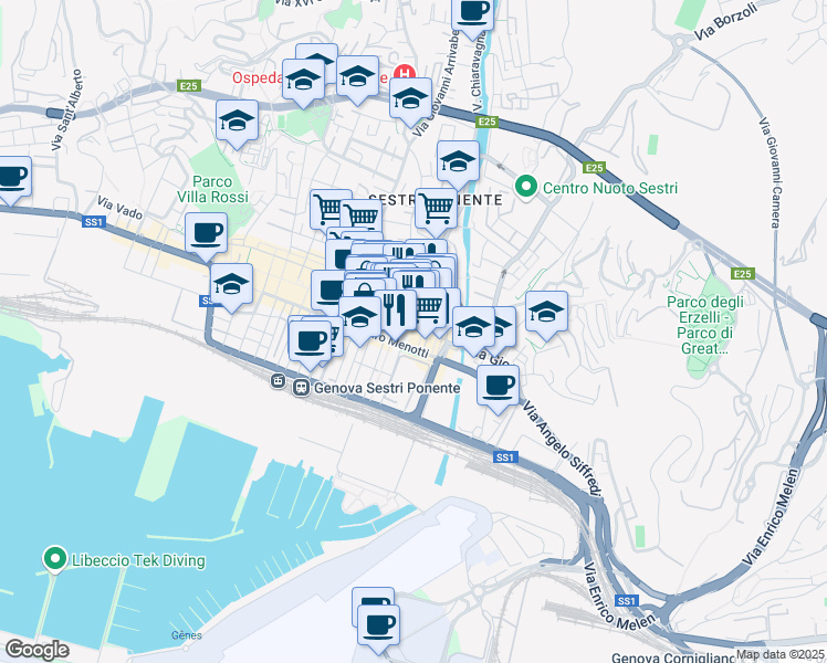 map of restaurants, bars, coffee shops, grocery stores, and more near 51 Via Sestri in Genova