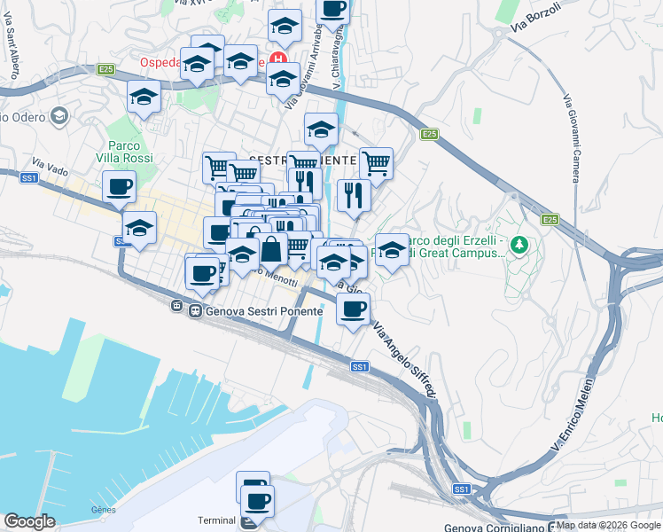 map of restaurants, bars, coffee shops, grocery stores, and more near 23 Via Chiaravagna in Genoa
