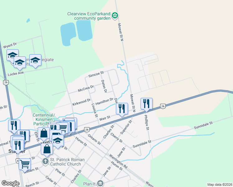 map of restaurants, bars, coffee shops, grocery stores, and more near 217 Dominion Drive in Stayner