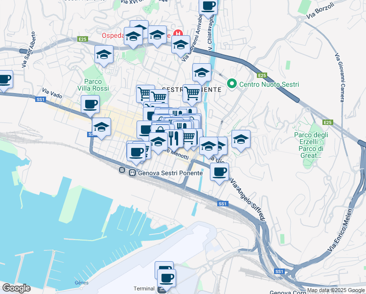 map of restaurants, bars, coffee shops, grocery stores, and more near 51 Via Sestri in Genova