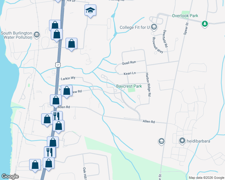 map of restaurants, bars, coffee shops, grocery stores, and more near 33901 Harbor View Road in South Burlington