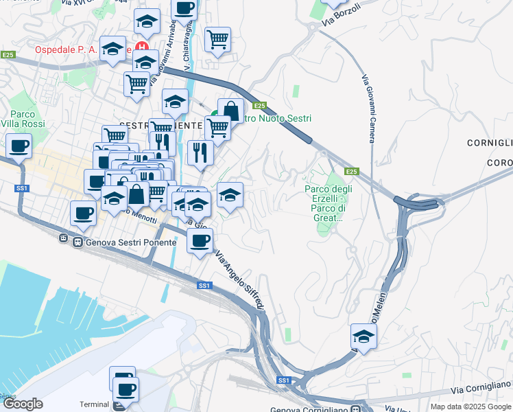 map of restaurants, bars, coffee shops, grocery stores, and more near 70 Via Lodovico Calda in Genova