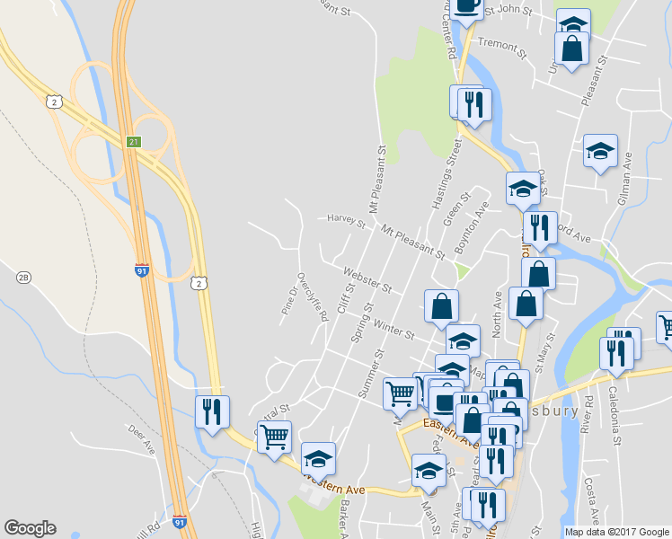 map of restaurants, bars, coffee shops, grocery stores, and more near 169 Webster Street in Saint Johnsbury
