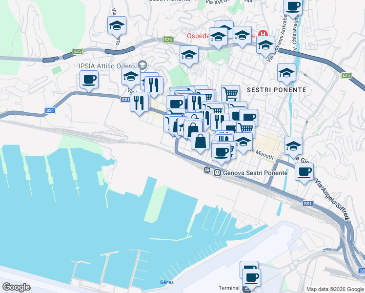 map of restaurants, bars, coffee shops, grocery stores, and more near Via Filippo Emanuele Bottino in Genova