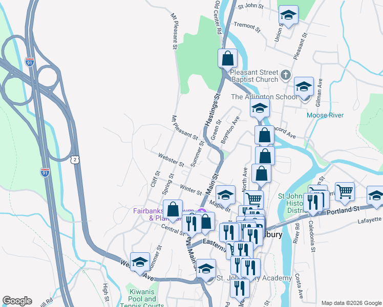 map of restaurants, bars, coffee shops, grocery stores, and more near 374 Spring Street in Saint Johnsbury