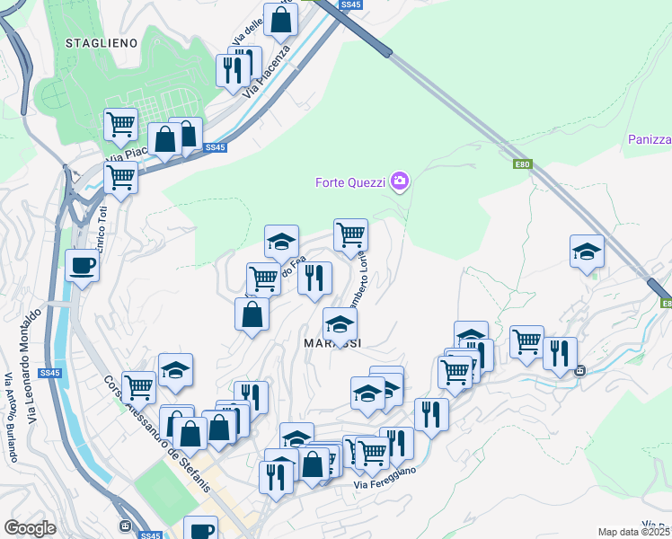 map of restaurants, bars, coffee shops, grocery stores, and more near 47 Via Leonardo Fea in Genova