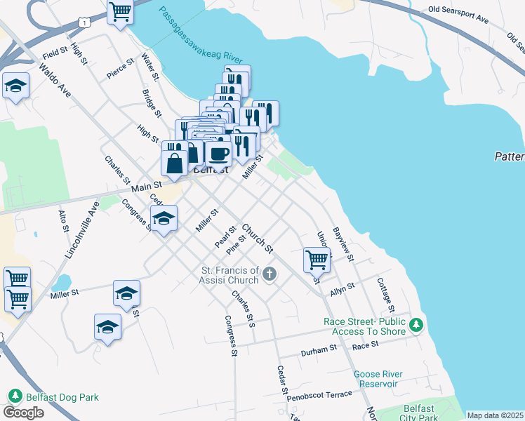 map of restaurants, bars, coffee shops, grocery stores, and more near 74 High Street in Belfast