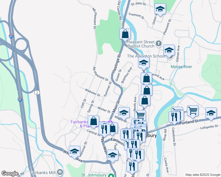 map of restaurants, bars, coffee shops, grocery stores, and more near 626 Summer Street in Saint Johnsbury