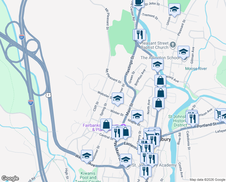 map of restaurants, bars, coffee shops, grocery stores, and more near 374 Spring Street in Saint Johnsbury