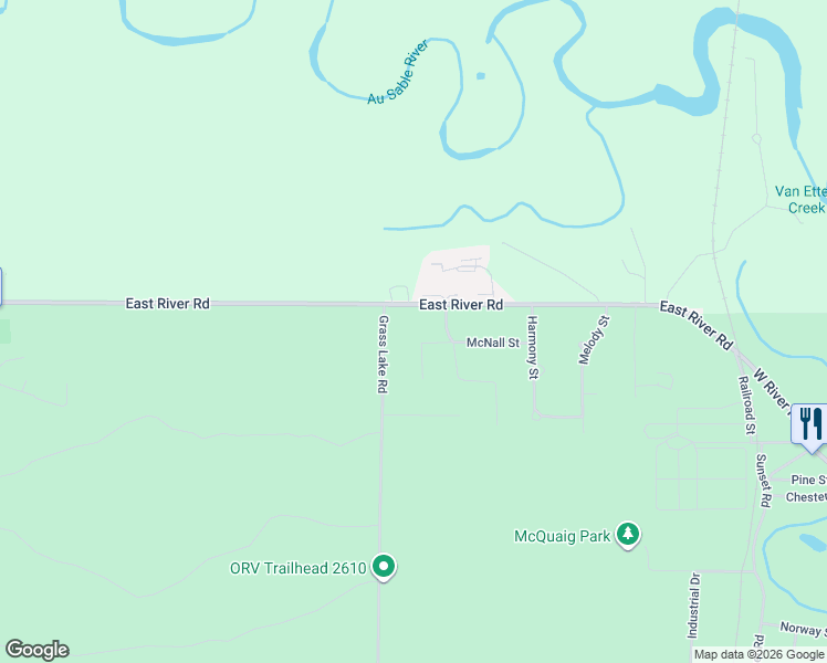 map of restaurants, bars, coffee shops, grocery stores, and more near 4563-5043 McNall Street in Au Sable Charter Township