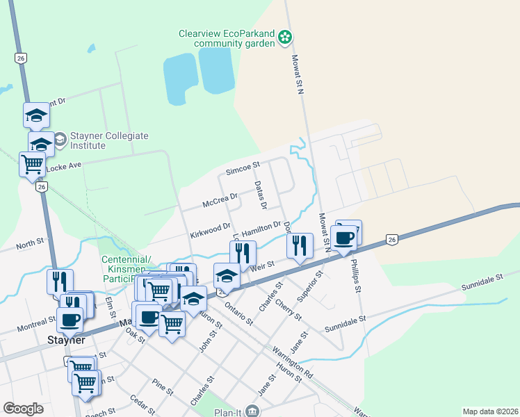 map of restaurants, bars, coffee shops, grocery stores, and more near 218 Datas Drive in Stayner