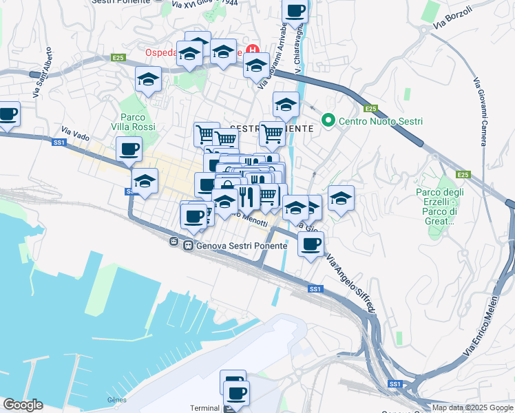 map of restaurants, bars, coffee shops, grocery stores, and more near 51 Via Sestri in Genova