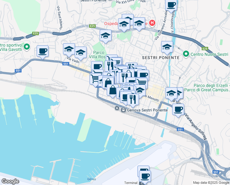 map of restaurants, bars, coffee shops, grocery stores, and more near 6 Piazza Monte Santo in Genova