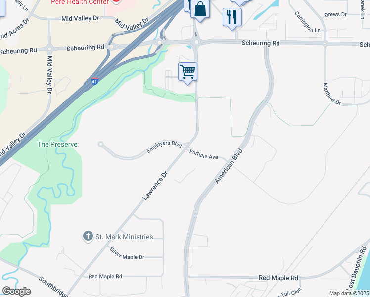map of restaurants, bars, coffee shops, grocery stores, and more near Employers Boulevard in De Pere