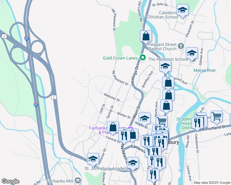 map of restaurants, bars, coffee shops, grocery stores, and more near 352 Cliff Street in Saint Johnsbury