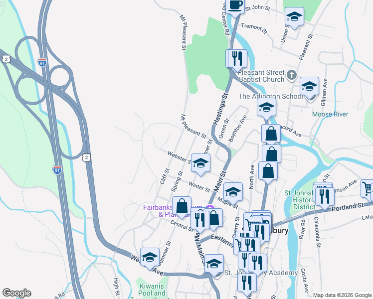 map of restaurants, bars, coffee shops, grocery stores, and more near 352 Cliff Street in Saint Johnsbury
