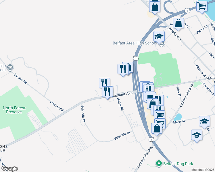 map of restaurants, bars, coffee shops, grocery stores, and more near 13 Goodwill Drive in Belfast
