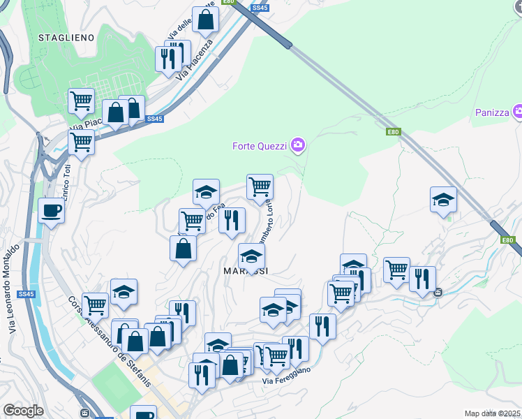 map of restaurants, bars, coffee shops, grocery stores, and more near 47 Via Leonardo Fea in Genova