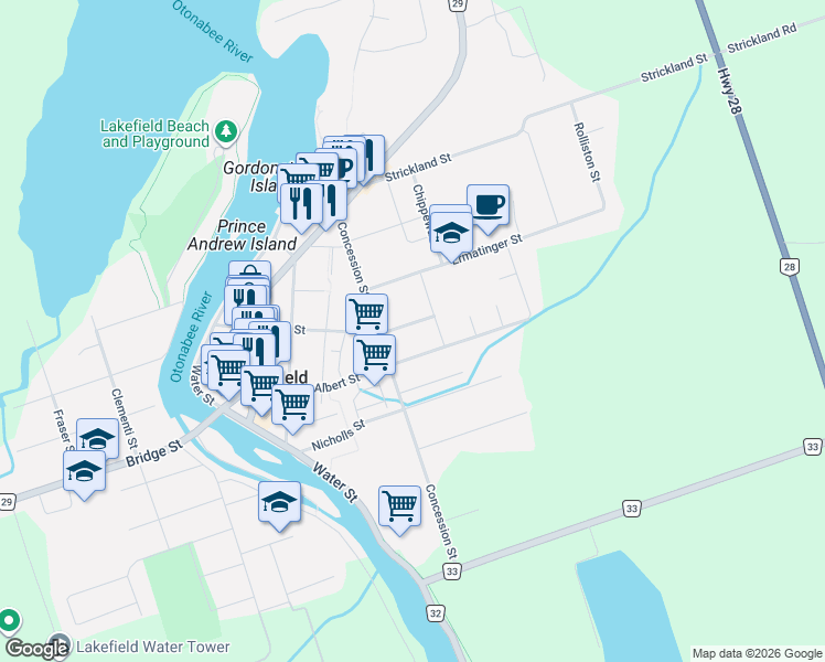 map of restaurants, bars, coffee shops, grocery stores, and more near 99 Reid Street in Lakefield
