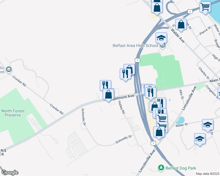 map of restaurants, bars, coffee shops, grocery stores, and more near 13 Goodwill Drive in Belfast
