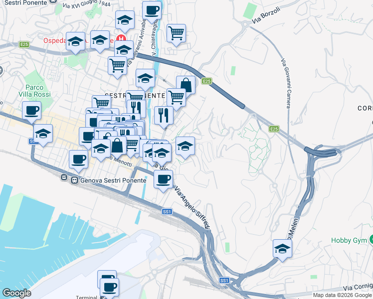 map of restaurants, bars, coffee shops, grocery stores, and more near Via Lodovico Calda in Genoa