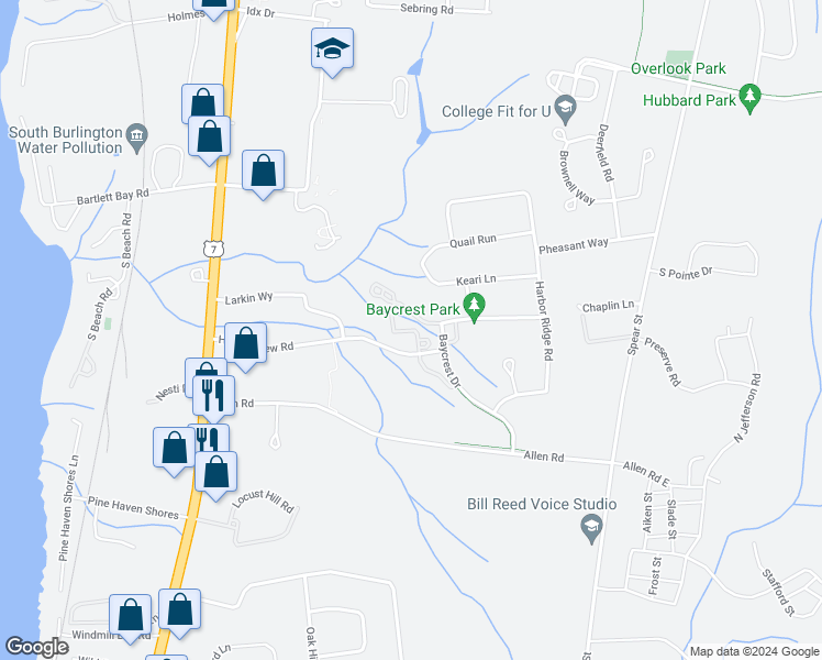 map of restaurants, bars, coffee shops, grocery stores, and more near Harbor Heights in South Burlington