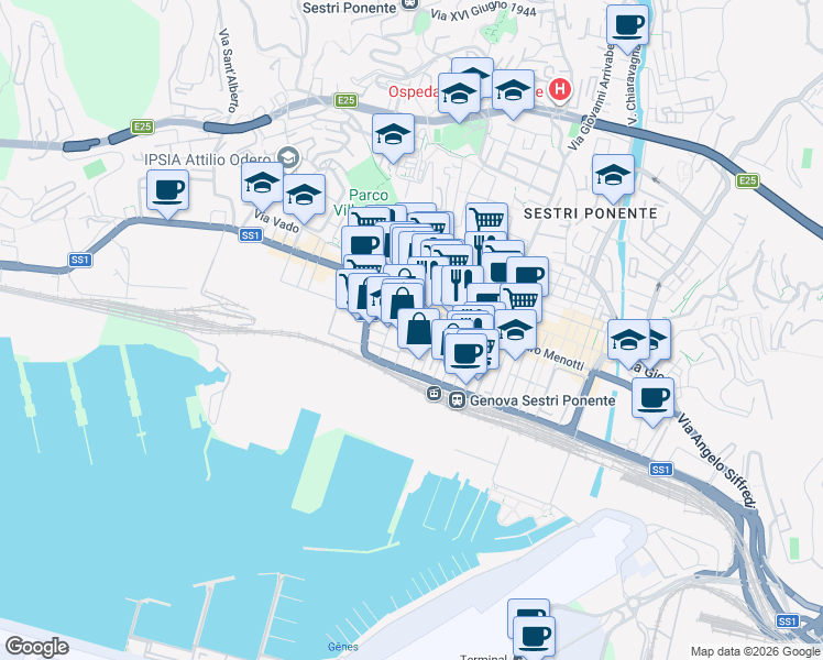 map of restaurants, bars, coffee shops, grocery stores, and more near 11 Via Gino Capponi in Genova