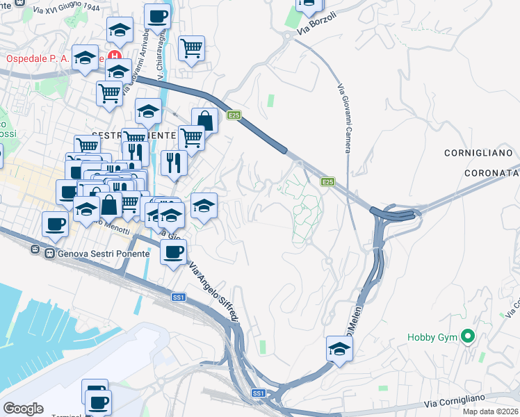 map of restaurants, bars, coffee shops, grocery stores, and more near 68 Salita Campasso di San Nicola in Genova