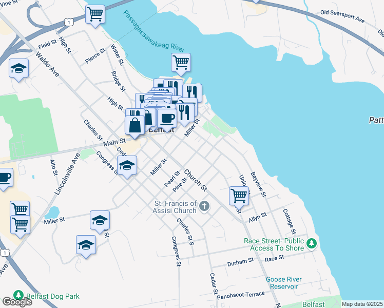 map of restaurants, bars, coffee shops, grocery stores, and more near 43 Pearl Street in Belfast