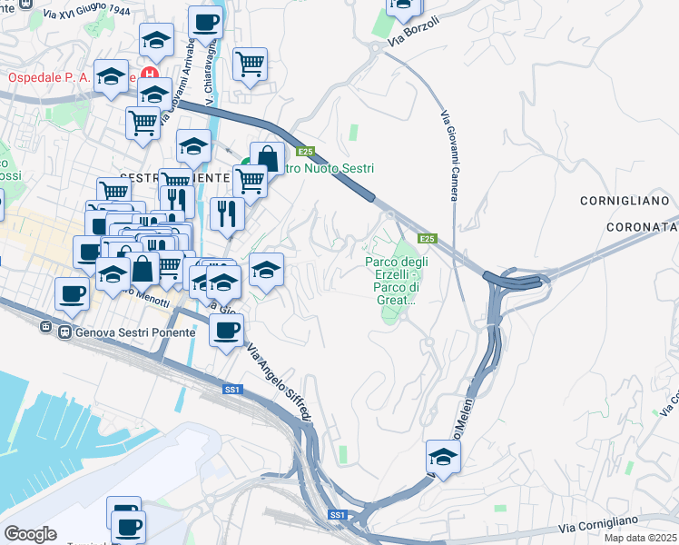 map of restaurants, bars, coffee shops, grocery stores, and more near 68 Salita Campasso di San Nicola in Genova