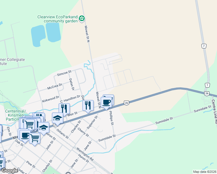 map of restaurants, bars, coffee shops, grocery stores, and more near 215 Mowat Street North in Stayner