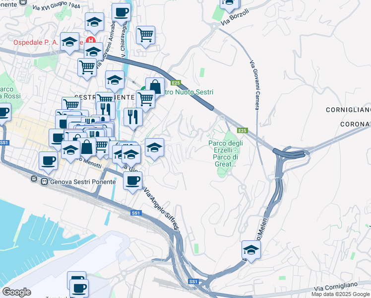 map of restaurants, bars, coffee shops, grocery stores, and more near 68 Salita Campasso di San Nicola in Genoa