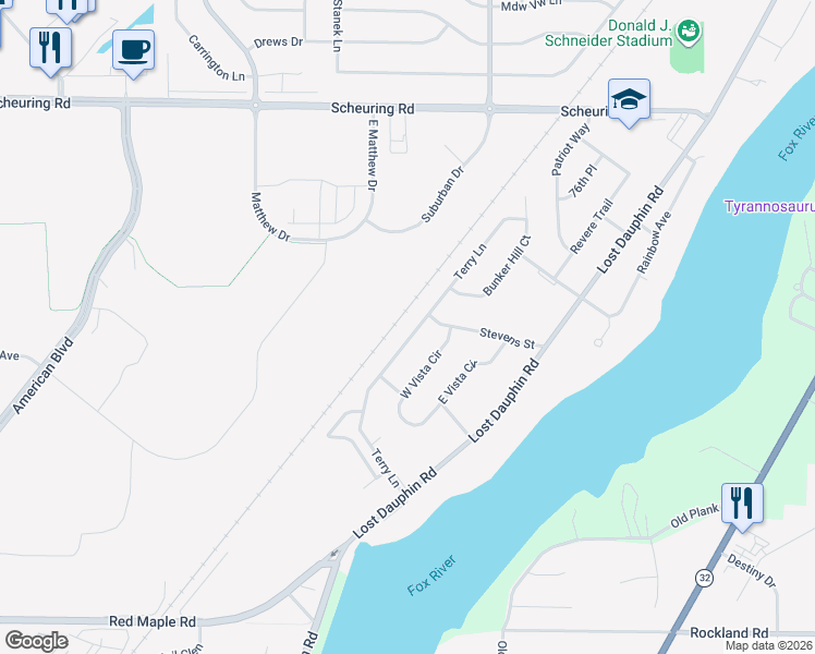 map of restaurants, bars, coffee shops, grocery stores, and more near 2051 Terry Lane in De Pere