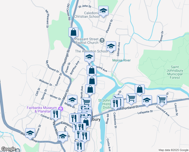 map of restaurants, bars, coffee shops, grocery stores, and more near 28 Perkins Street in Saint Johnsbury