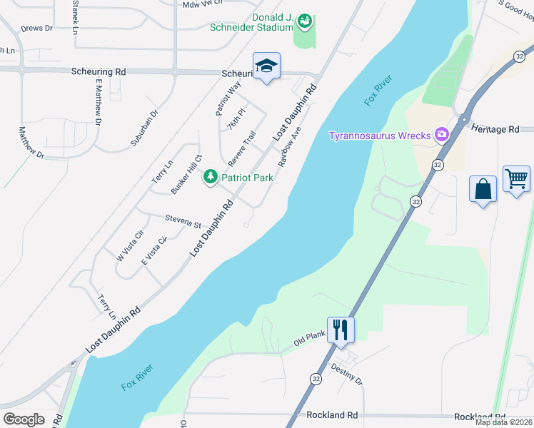 map of restaurants, bars, coffee shops, grocery stores, and more near 1905 Rainbow Avenue in De Pere