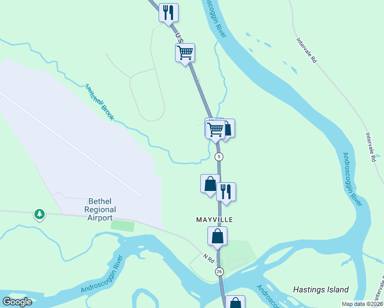 map of restaurants, bars, coffee shops, grocery stores, and more near 232 Mayville Road in Bethel