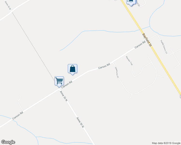 map of restaurants, bars, coffee shops, grocery stores, and more near 1193 Carson Road in Barrie