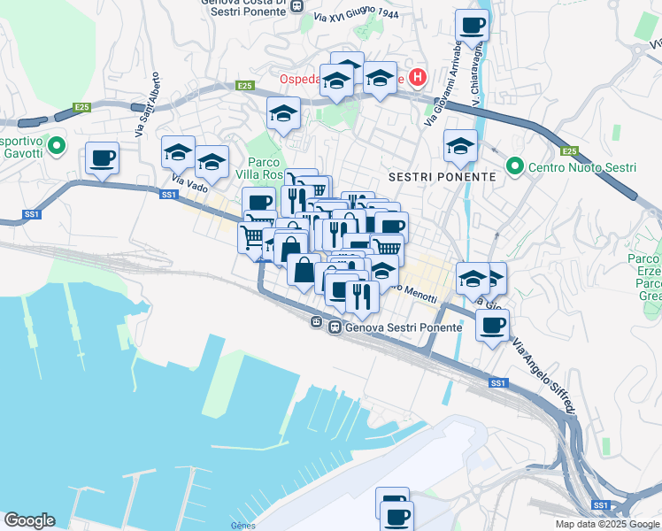 map of restaurants, bars, coffee shops, grocery stores, and more near 6 Piazza Monte Santo in Genova