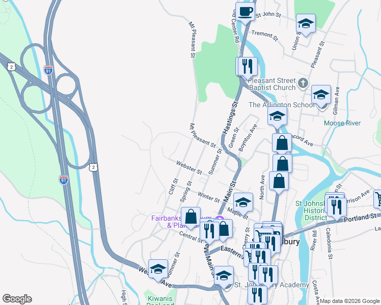 map of restaurants, bars, coffee shops, grocery stores, and more near 400 Cliff Street in Saint Johnsbury
