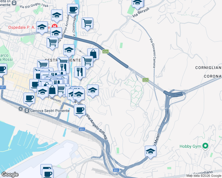 map of restaurants, bars, coffee shops, grocery stores, and more near 68 Salita Campasso di San Nicola in Genoa